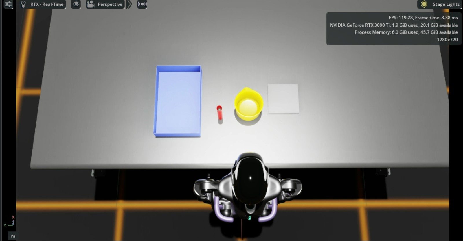 Fourier GR1 humanoid in Isaac Sim facing a table with a tray, a bowl and a nut